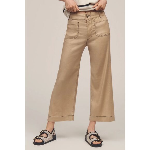 New Anthropologie The Colette Contrast-Stitch Linen Crop Wide-Leg Pants by Maeve - Picture 4 of 8